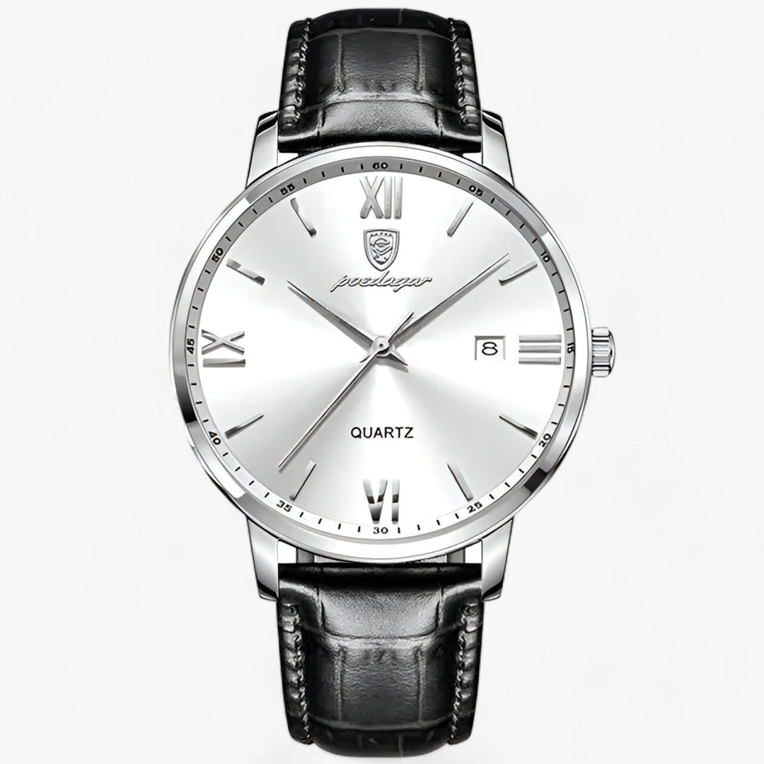 Luxury men's dress watch, showcasing a precise quartz movement and durable leather band.