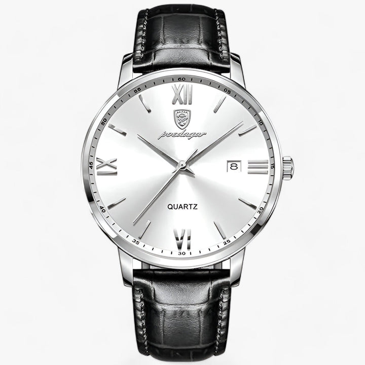 Luxury men's dress watch, showcasing a precise quartz movement and durable leather band.