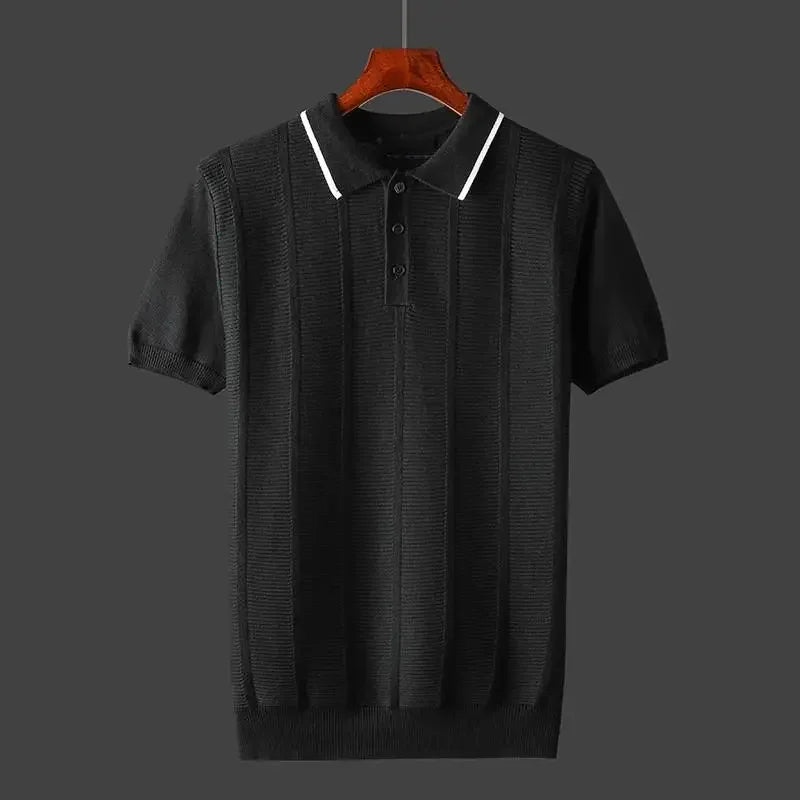 Detail of the collar and buttons on a men's luxury textured knit polo shirt, showcasing refined design.