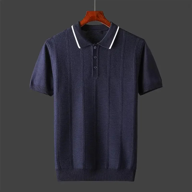Versatile men's luxury textured knit polo shirt, a breathable short-sleeve top for comfort and style in any setting.