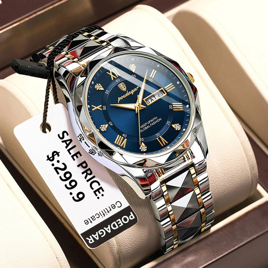 Men's luxury waterproof dress watch with luminous display, elegant business quartz timepiece.