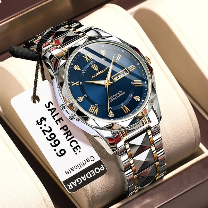 Men's luxury waterproof dress watch with luminous display, elegant business quartz timepiece.