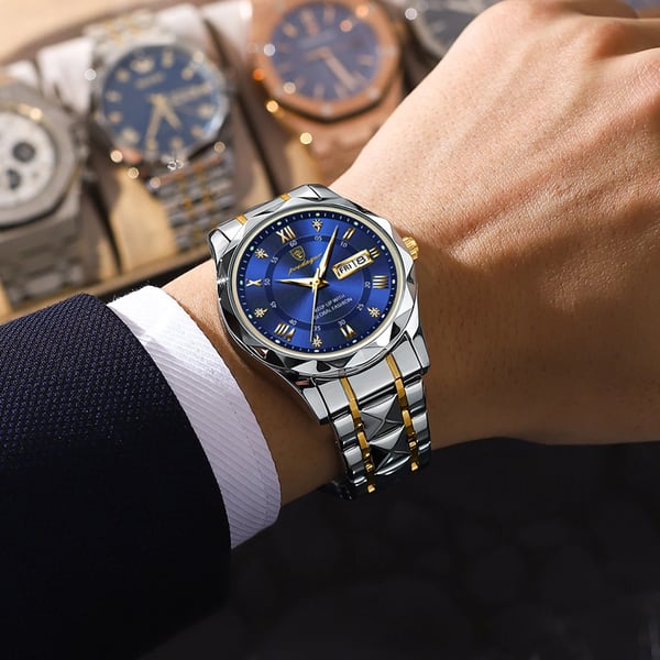 Close-up: Men's luminous waterproof luxury watch dial, refined design, excellent timekeeping for business.