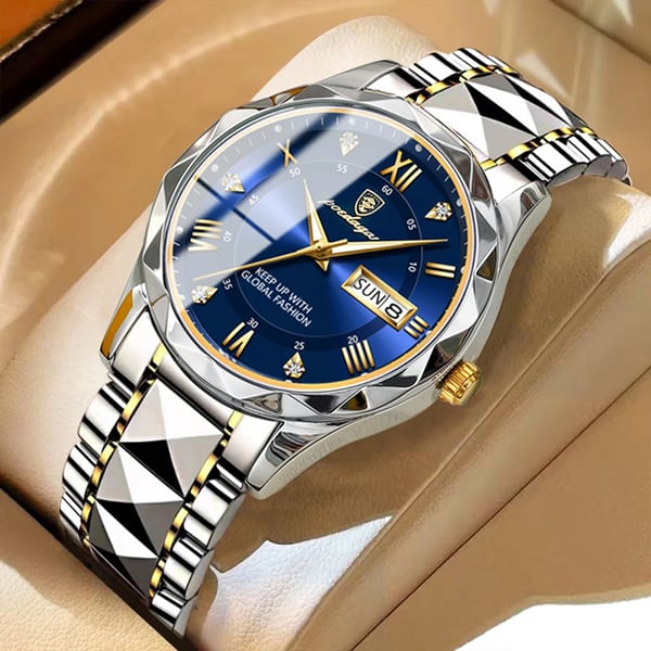 Sophisticated men's waterproof dress watch, luminous hands, durable quartz luxury accessory.