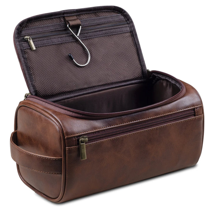 Men's luxury waterproof travel toiletry bag, elegantly organized for grooming essentials on the go. Durable dopp kit.