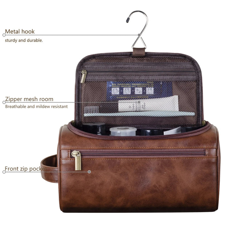 Portable men's travel toiletry bag. Luxury waterproof dopp kit for organized grooming accessories & essentials.
