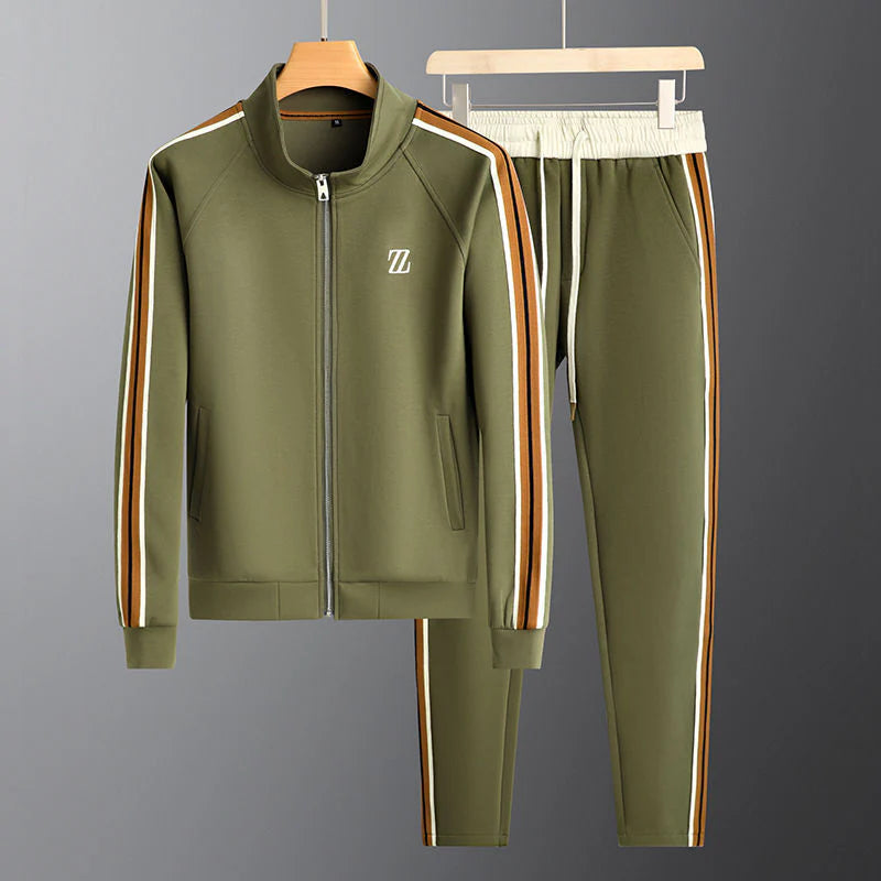 Fashionable men's tracksuit set. Includes a stylish zip-up jacket & soft trousers for sportswear & casual comfort.