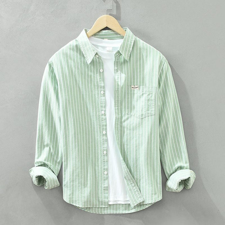 Modern fit men's striped button-up shirt for versatile summer style.