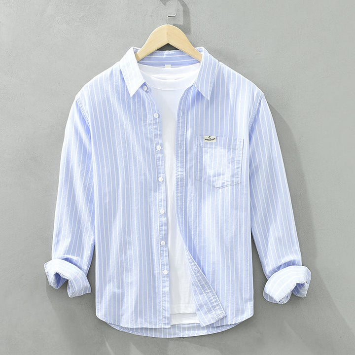 Versatile men's striped button-up shirt, great for casual outings & summer events.