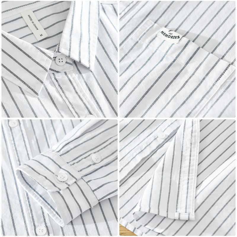 Stylish men's striped button-up shirt, breathable & versatile for modern casual summer wear.
