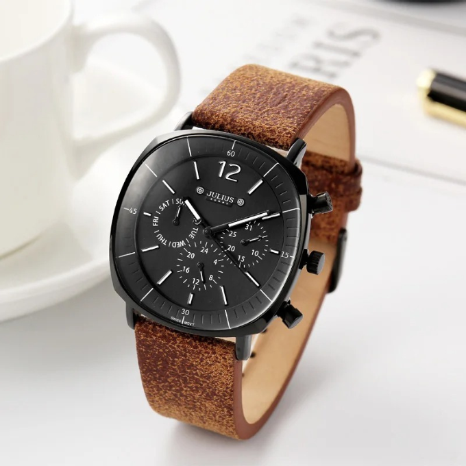 Close-up of Mason Edge men's wristwatch dial, showing multi-function subdials and sleek hands.