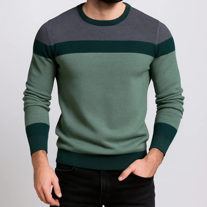Close-up of a men's premium ribbed knit pullover sweater, ideal for casual wear or layered fall/winter fashion.