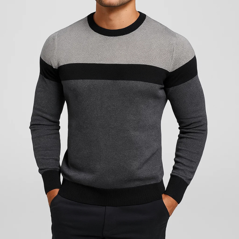 Men's tailored fit pullover sweater with ribbed details and crew neck, a classic for winter and fall fashion.