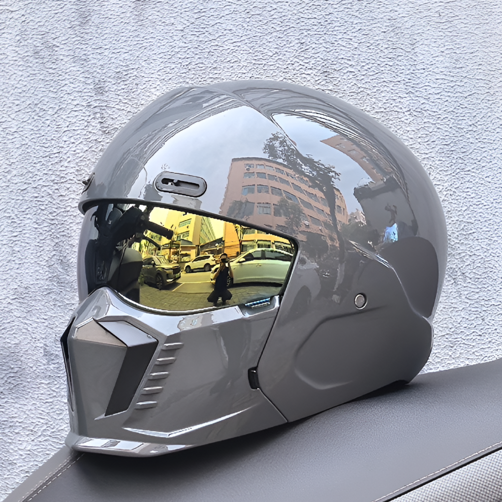 High-quality men's full face modular motorcycle helmet. Matte black, DOT/ECE certified protective gear.