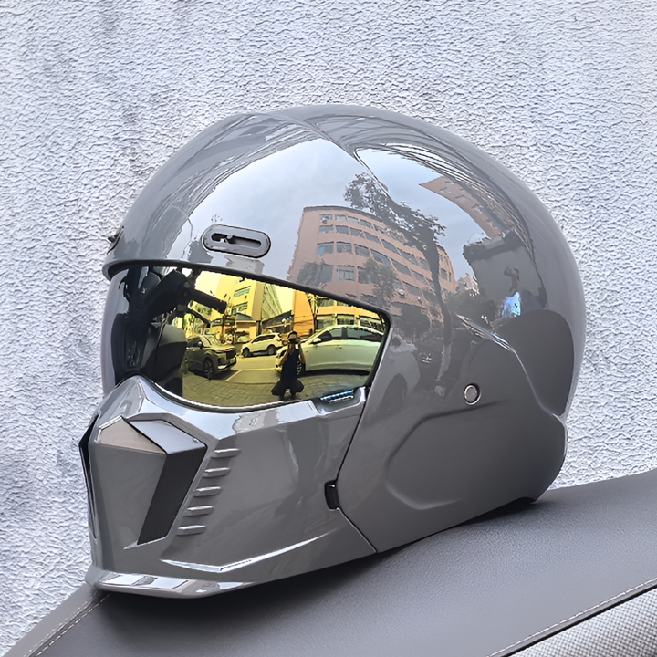 High-quality men's full face modular motorcycle helmet. Matte black, DOT/ECE certified protective gear.