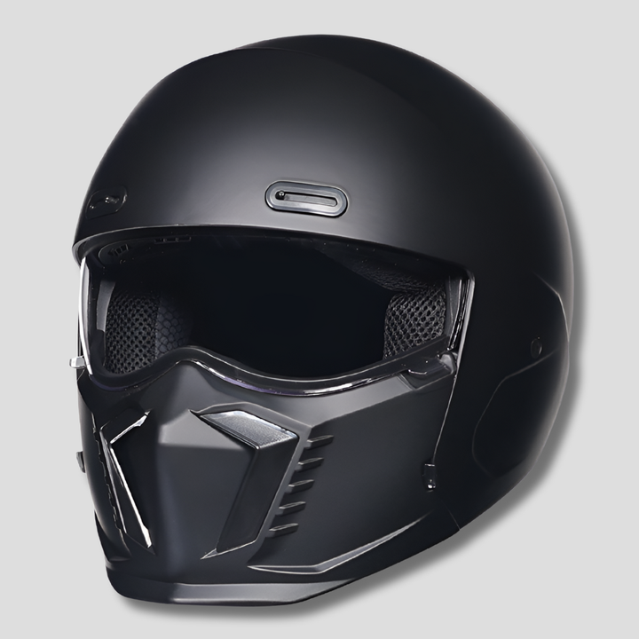 Sleek matte black modular full face helmet for men. DOT/ECE approved for motorcycle street & sport riding.