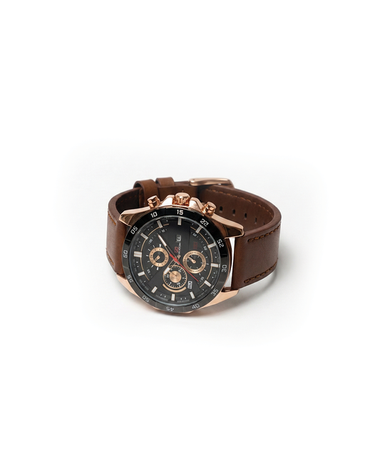 Men's Maverick chronograph watch with brown leather strap. Stylish analog timepiece for casual wear.