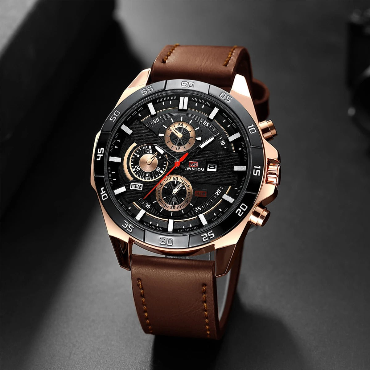 Close-up of a Maverick men's chronograph watch with a detailed black dial and comfortable leather strap.
