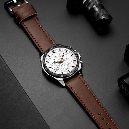 Casual men's Maverick chronograph watch. Features a precise analog movement and premium leather strap.