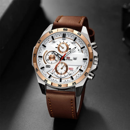 Modern men's fashion chronograph watch by Maverick, complete with a stylish brown leather strap.