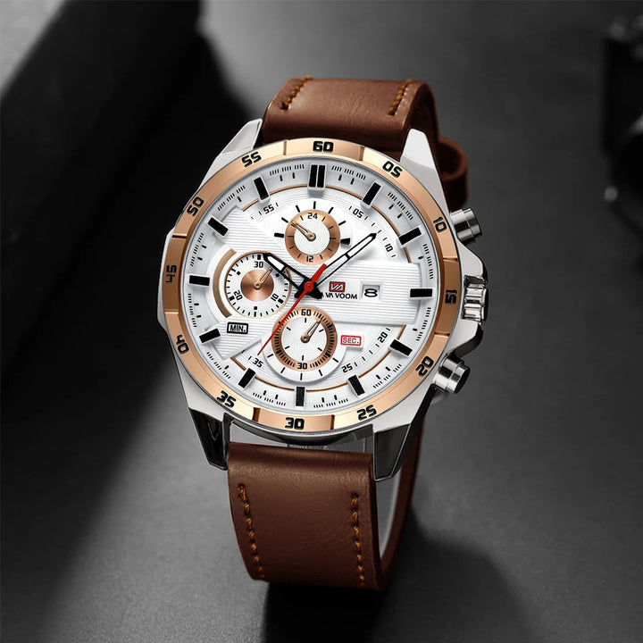 Modern men's fashion chronograph watch by Maverick, complete with a stylish brown leather strap.