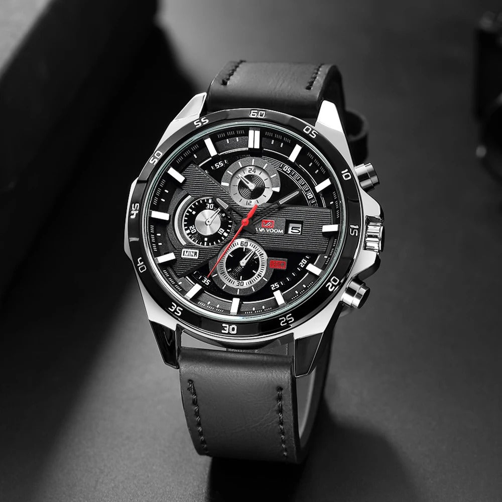 Detailed view of a Maverick men's chronograph watch dial, showcasing its functions & elegant leather strap.