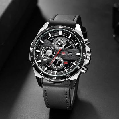 Detailed view of a Maverick men's chronograph watch dial, showcasing its functions & elegant leather strap.