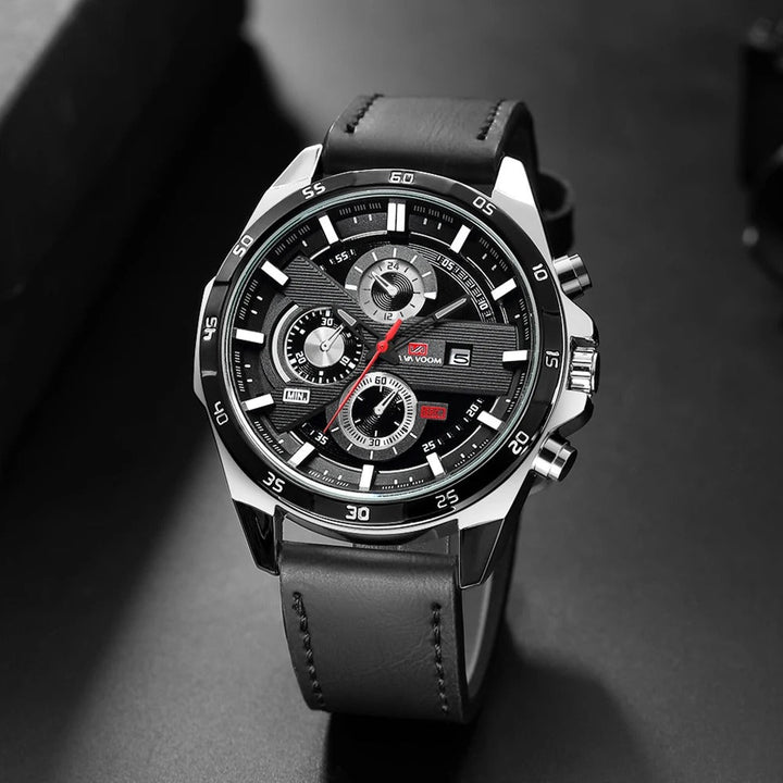 Detailed view of a Maverick men's chronograph watch dial, showcasing its functions & elegant leather strap.