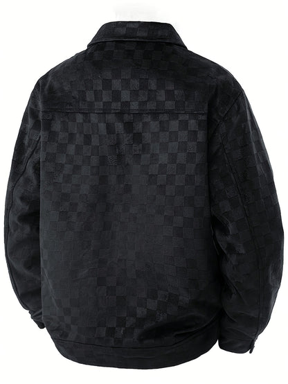 Close-up of Mavrick men's jacket, highlighting its unique checkered texture, snap cuffs, and smart pockets.