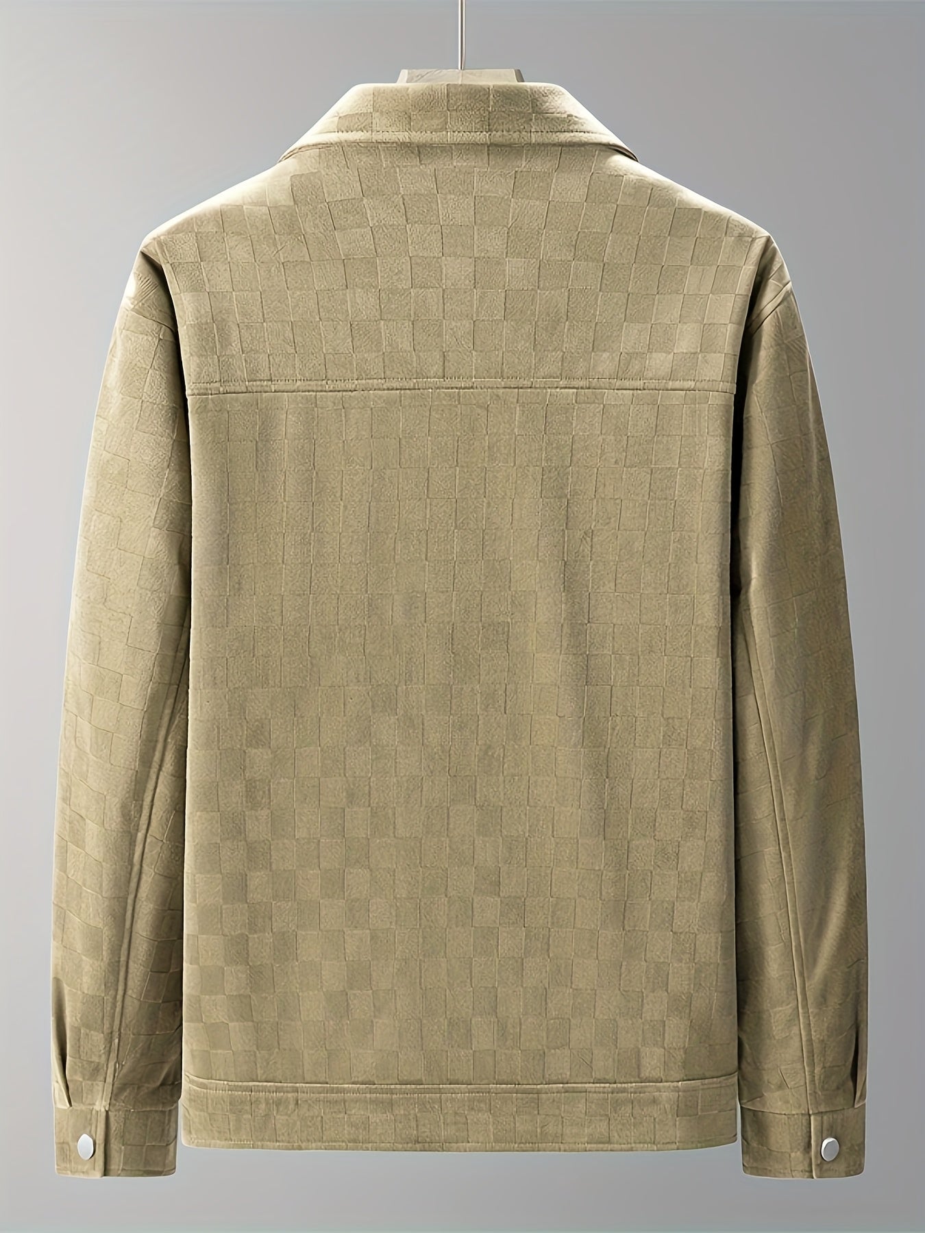 Modern men's Mavrick jacket: textured checkered design, snap cuffs, smart pockets, and structured for style.