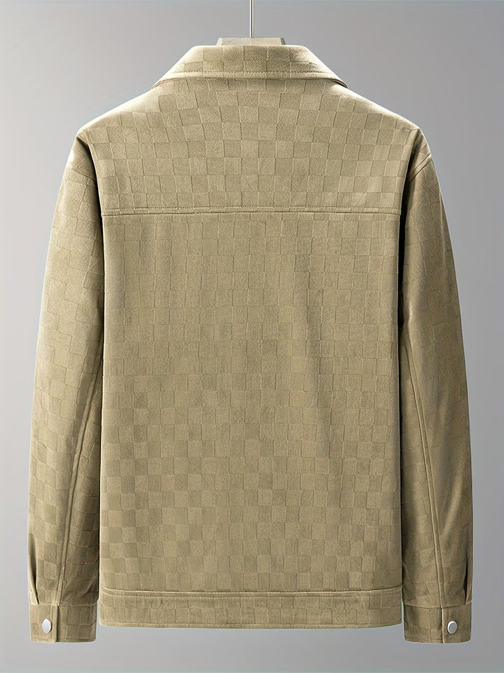 Modern men's Mavrick jacket: textured checkered design, snap cuffs, smart pockets, and structured for style.