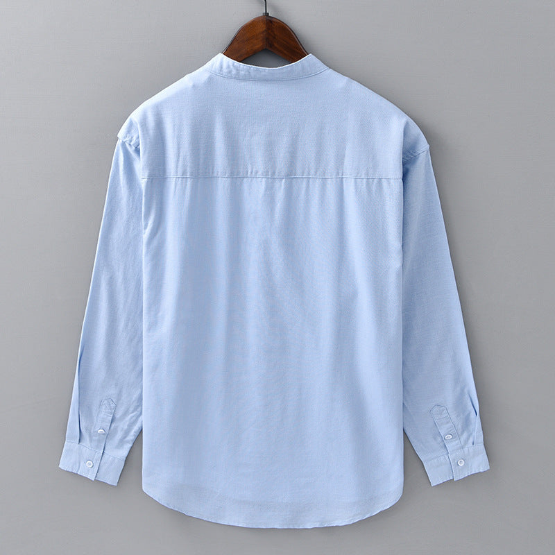 Comfortable men's mandarin collar shirt, versatile long sleeve top for casual summer fashion.