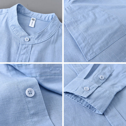 Stylish men's Meridian long sleeve shirt with mandarin collar, perfect for summer casual wear.