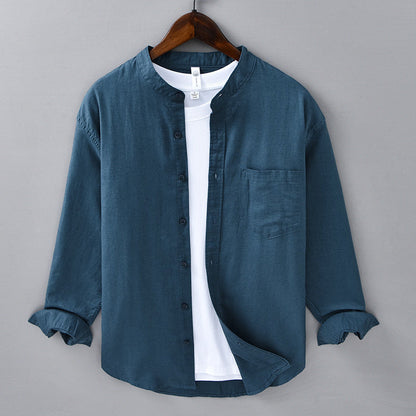 Stylish men's Meridian shirt with a sophisticated mandarin collar, a comfortable long sleeve option.