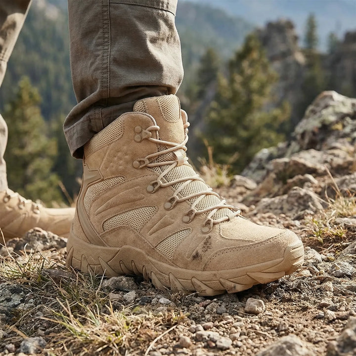 Men's mid-cut tactical hiking boots, rugged outdoor footwear with ankle support for trails & adventure.