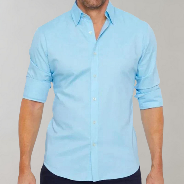 Men's white Milan wrinkle-free shirt, presented on a clean background, highlighting its crisp finish.