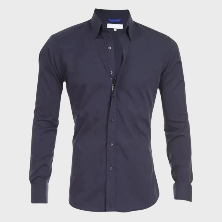 Men's Milan wrinkle-free shirt, casually unbuttoned over a tee, showing its versatile casual styling.