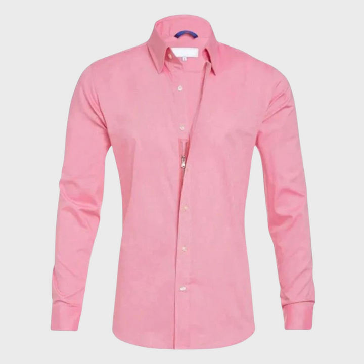 Men's Milan long sleeve shirt styled with a tie, demonstrating its formal, office wear readiness & wrinkle-free look.