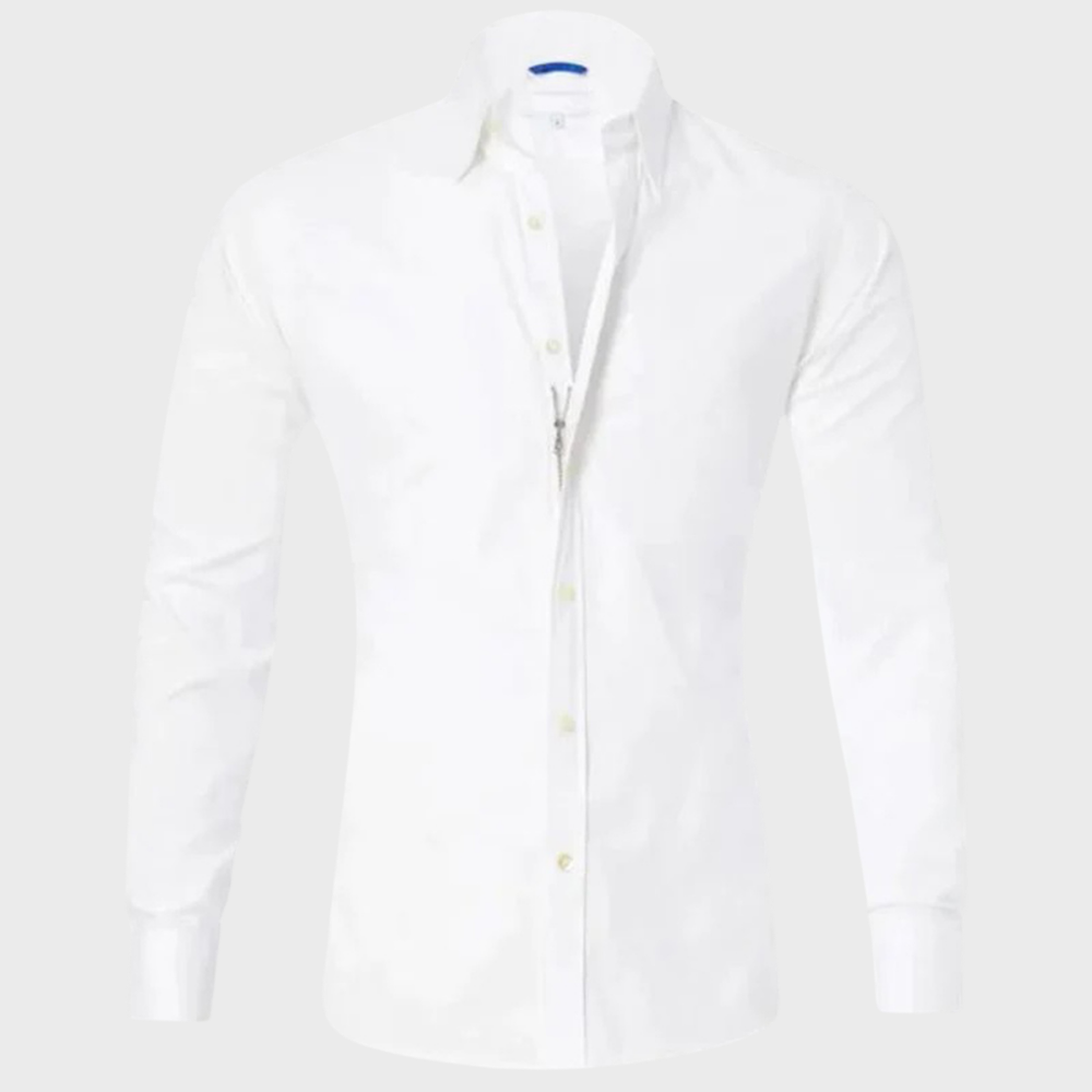 Man in motion, showcasing the comfortable, flexible fit of the Men's Milan wrinkle-free shirt.