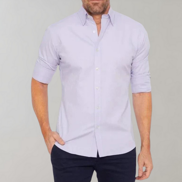 Men's Milan wrinkle-free shirt displayed on a hanger, emphasizing its readiness and easy-care benefits.