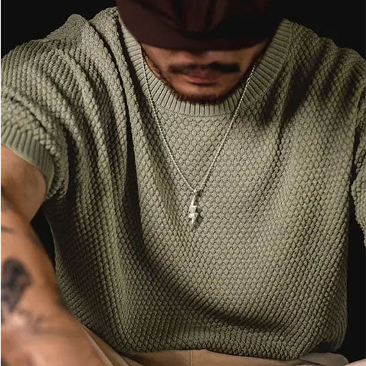 Stylish men's Milano retro knit tee, breathable short sleeve shirt, ideal for vintage-inspired summer fashion.