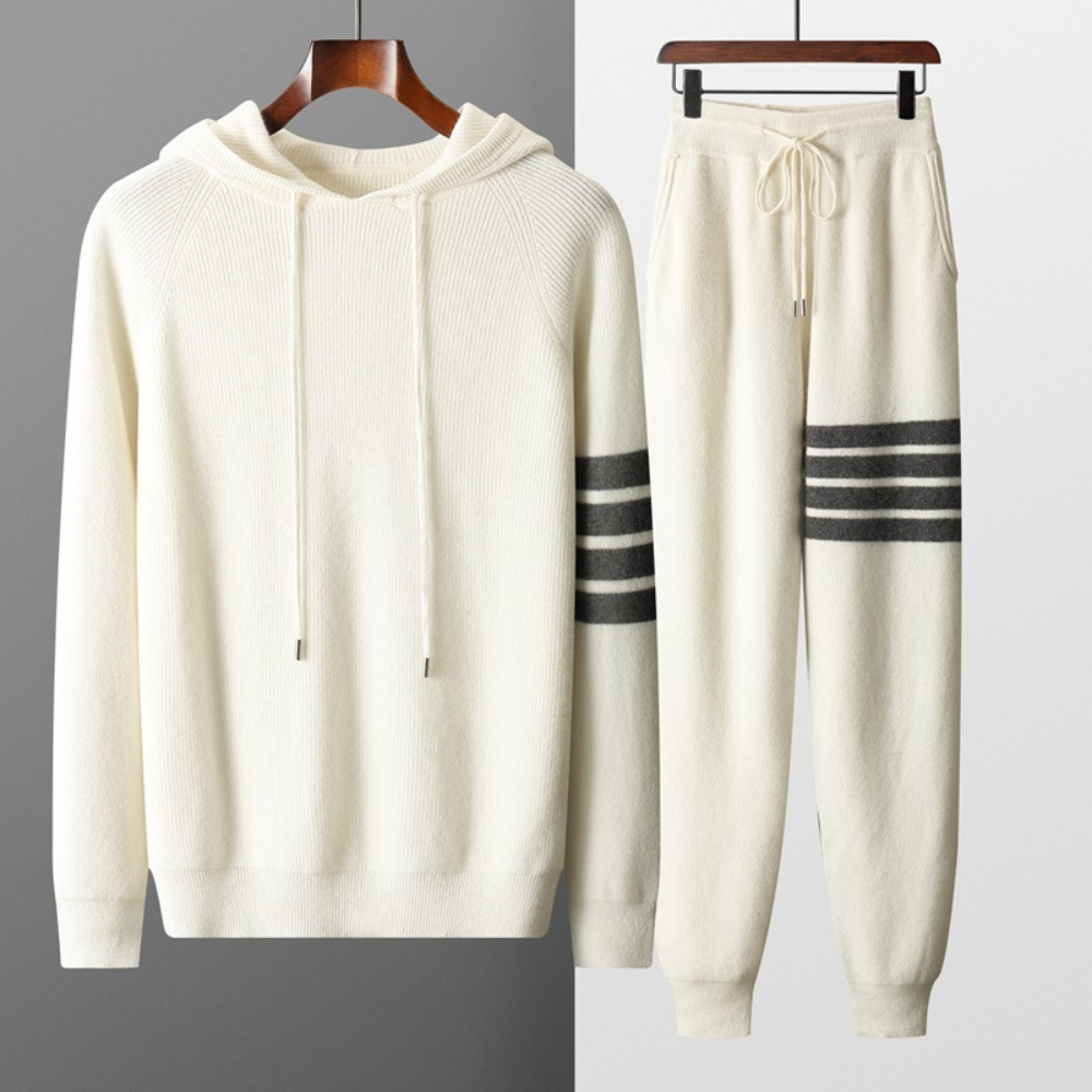 Comfortable men's Milano striped knit set, ideal loungewear & relaxed casual style. Matching two-piece outfit.