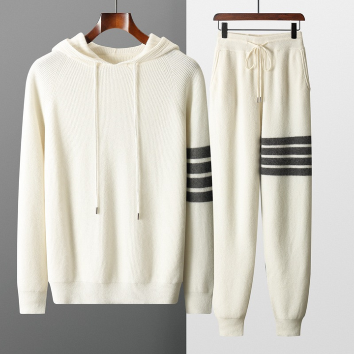 Comfortable men's Milano striped knit set, ideal loungewear & relaxed casual style. Matching two-piece outfit.