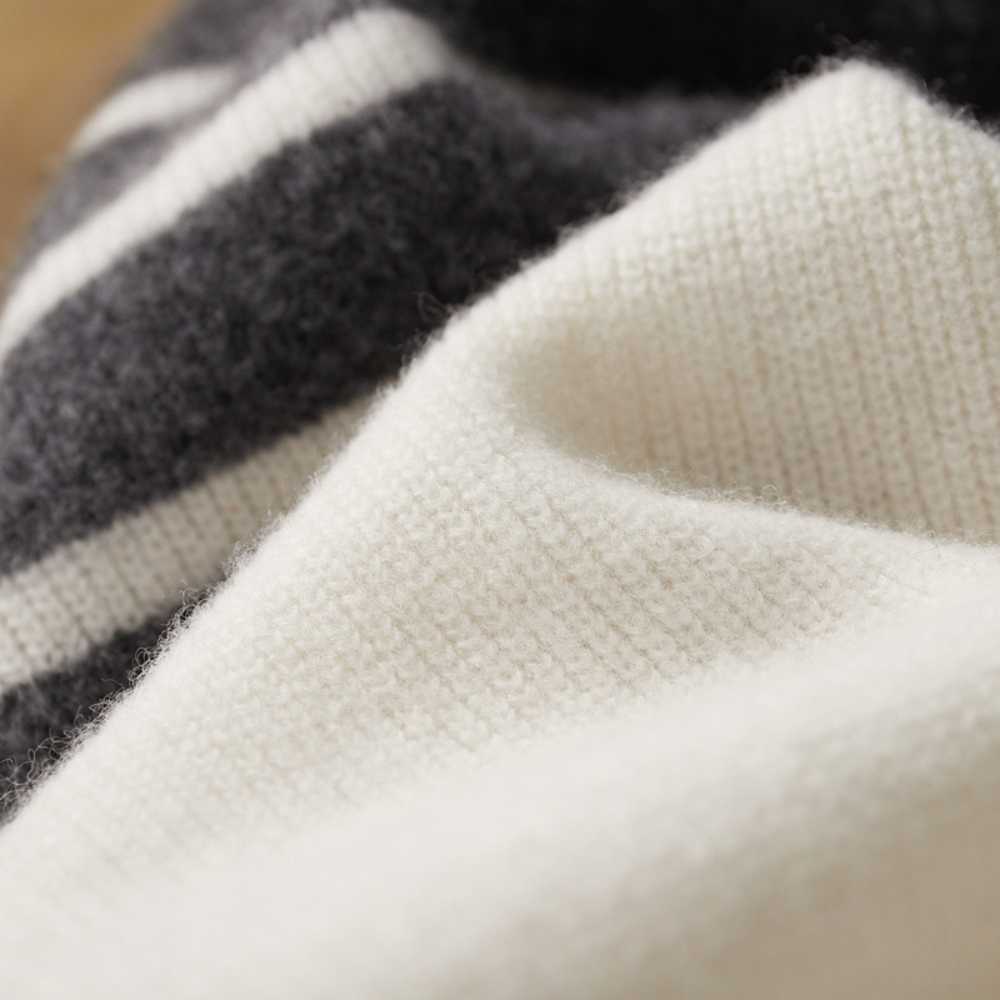 Detail of men's Milano striped knit top & bottom. Comfortable, stylish two-piece loungewear set.