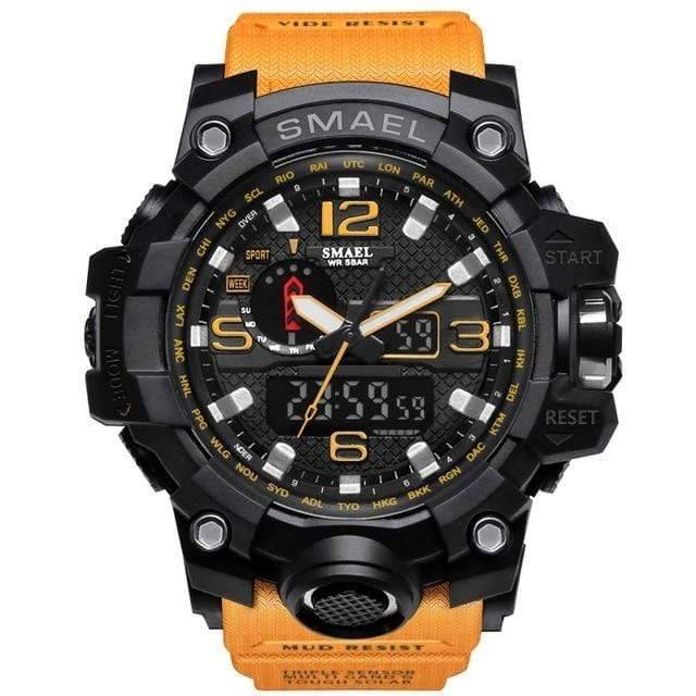 Wrist shot of a man wearing a military quartz digital analog watch, outdoor setting