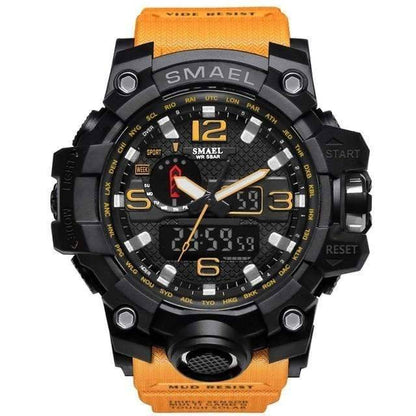 Wrist shot of a man wearing a military quartz digital analog watch, outdoor setting