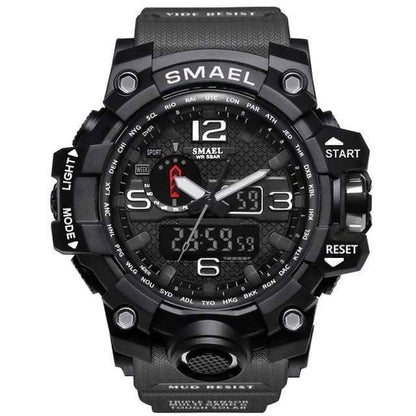 Military men's wristwatch with analog hands and digital time, quartz movement