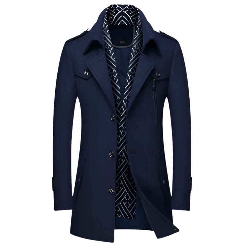 Men's military-style longline overcoat in black, ideal for formal or smart casual autumn/winter wear.