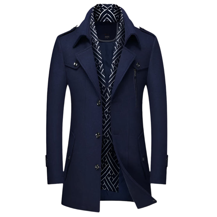 Men's military-style longline overcoat in black, ideal for formal or smart casual autumn/winter wear.