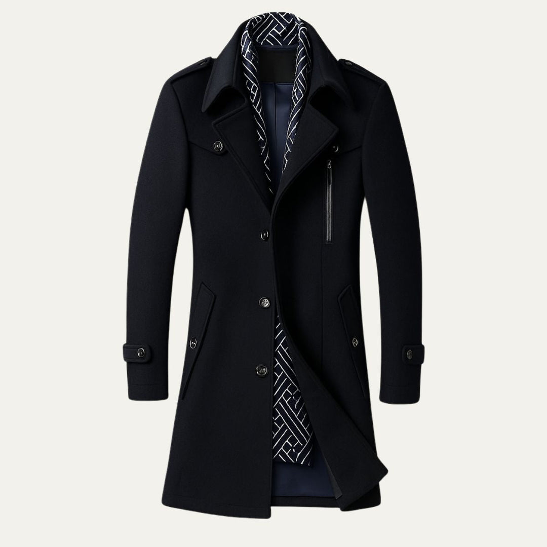 Classic men's autumn outerwear longline overcoat. Ideal for a refined, military-inspired smart casual look.